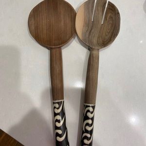 African Horn & Wooden Salad Servers. NWT